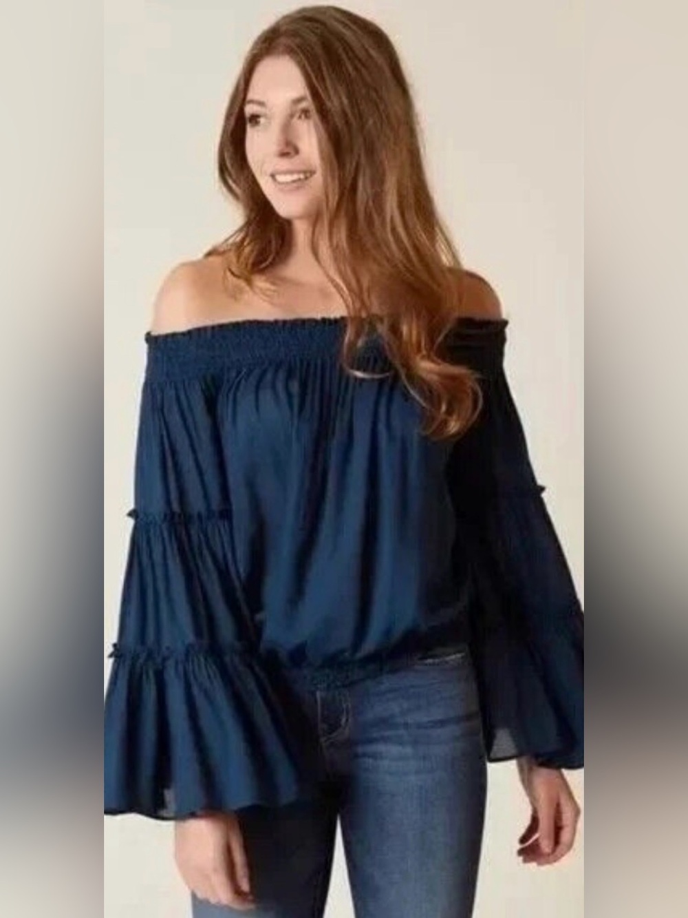 Free People Free Spirit Off Shoulder Bell Sleeve Top Blue XS